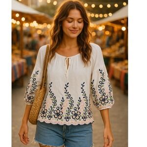 Kindred Women Medium White Embroidered Puff‎ Sleeve Boho Top Blouse Folk Coastal